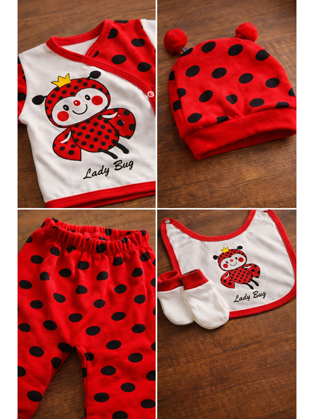 Kırmızı Uğur Böceği Temalı Organik Pamuk Yenidoğan Hastane Çıkış Seti 5 Parça Kutulu-4