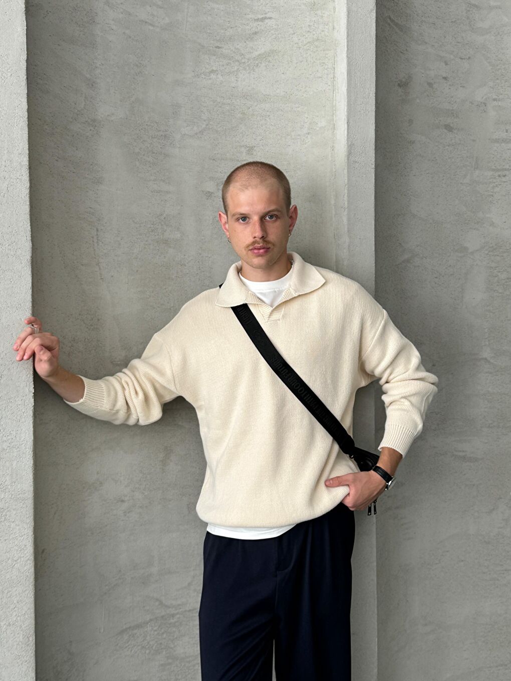 Ekru Erkek Polo Yaka Örme Oversize Kazak-2