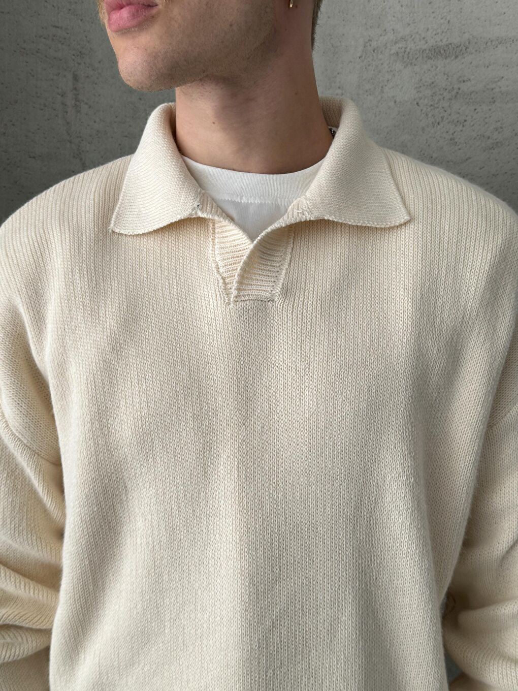 Ekru Erkek Polo Yaka Örme Oversize Kazak-3