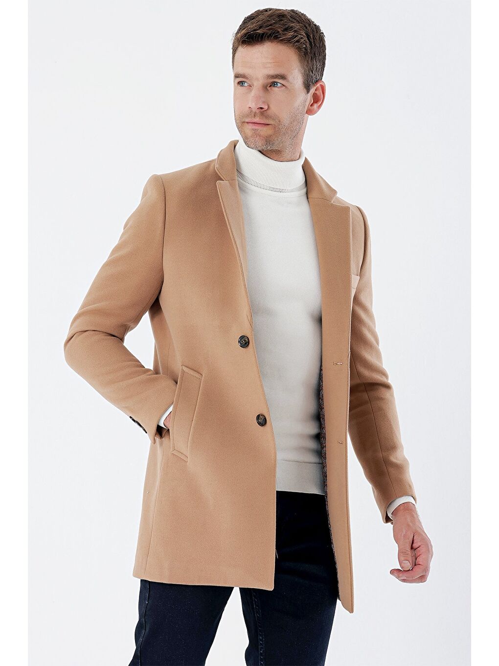 Kahverengi Taba Kaşe Mono Yaka Kapitoneli Astar Slim Fit Dar Kesim Klasik Kaban 1008235171