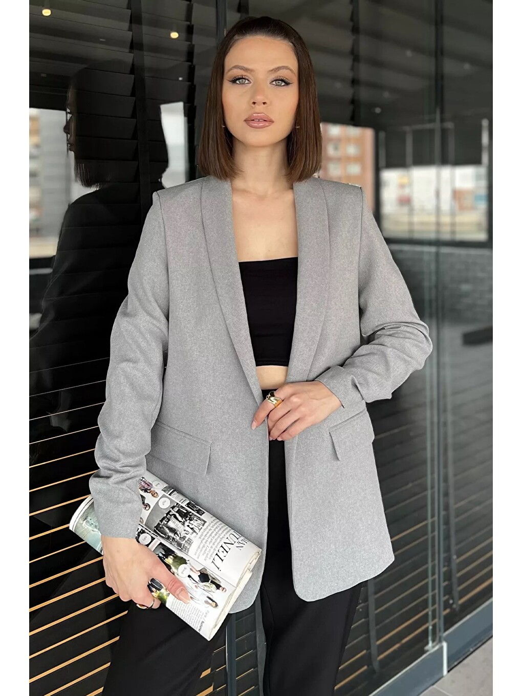 Gri Kol Büzgülü Kadın Blazer Ceket