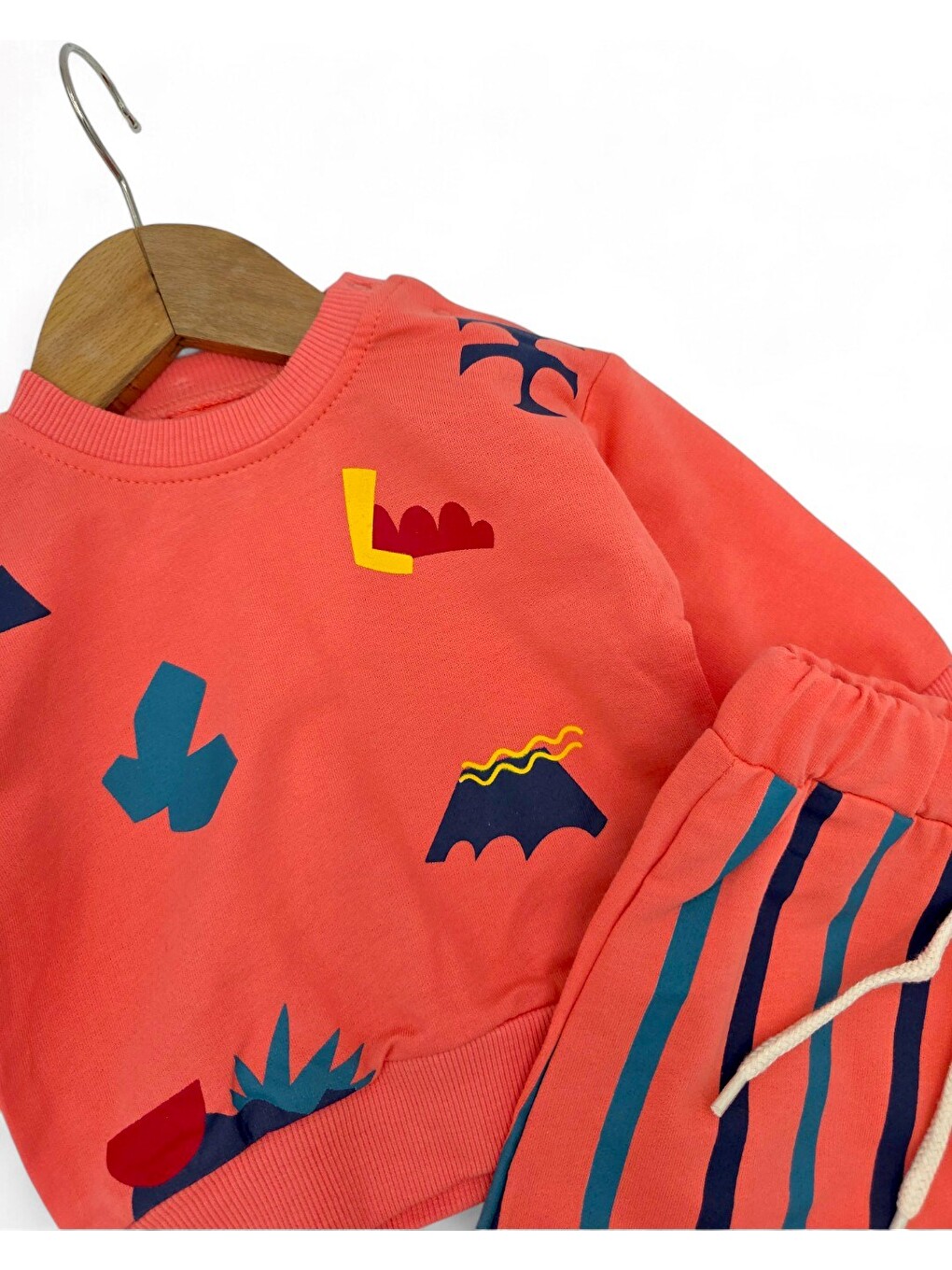 Kırmızı Erkek Bebek Mevsimlil Baskılı Sweatshirt, Çizgili Altlı 6-9-12-18-24 Ay 2'li Alt Üst Takım-3