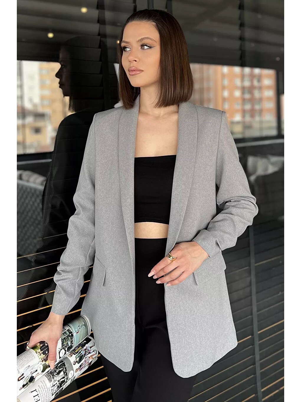 Gri Kol Büzgülü Kadın Blazer Ceket-1