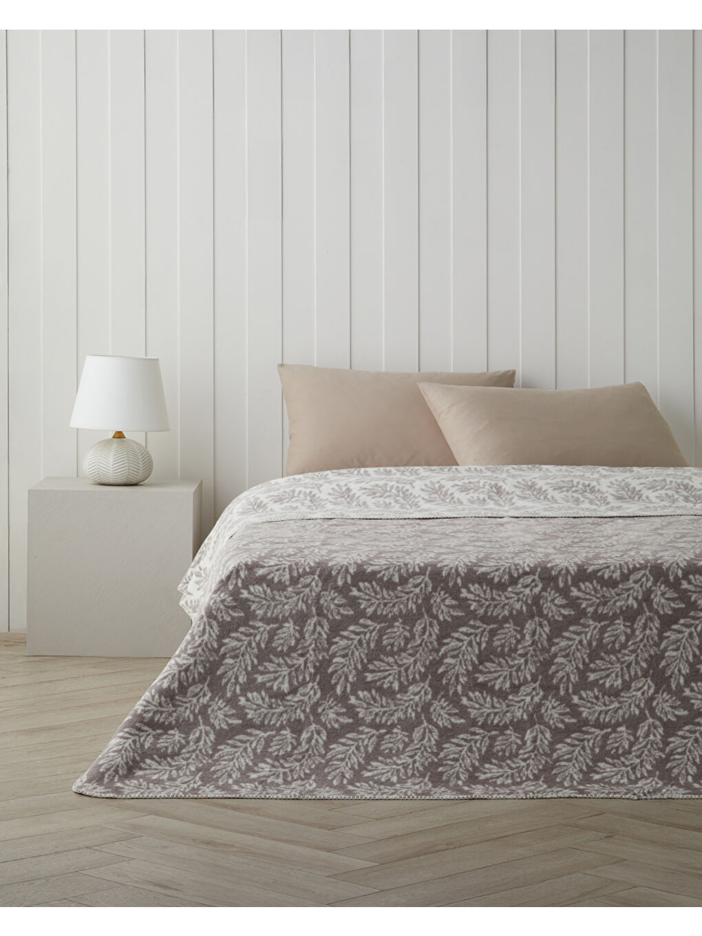 Gri Foliage Pamuk Akrilik Çift Kişilik Battaniye 200x220 cm Çakıl Taşı