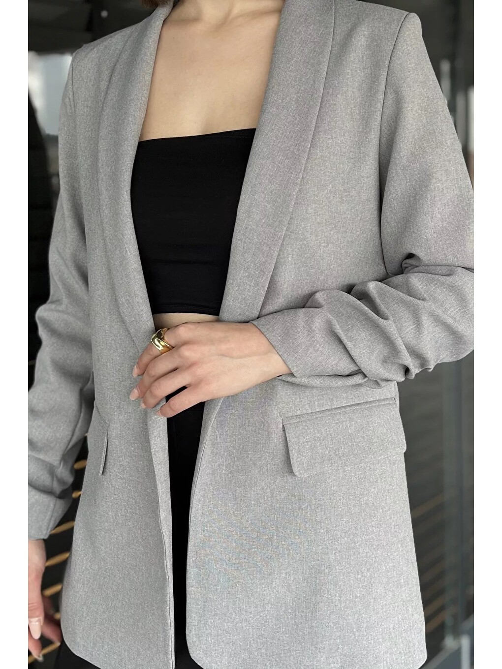 Gri Kol Büzgülü Kadın Blazer Ceket-3