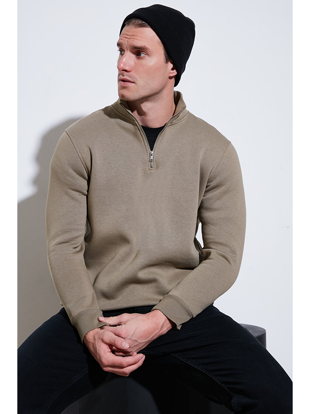 Bej Pamuklu Regular Fit Yarım Fermuarlı Dik Yaka Erkek Sweat 59052592