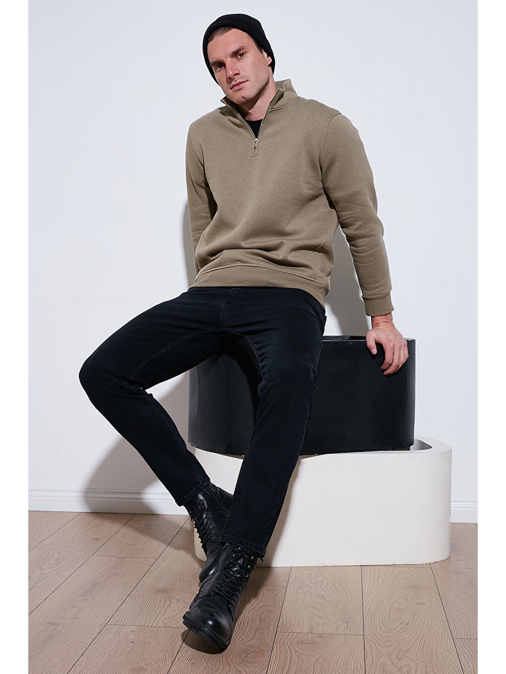 Bej Pamuklu Regular Fit Yarım Fermuarlı Dik Yaka Erkek Sweat 59052592-1