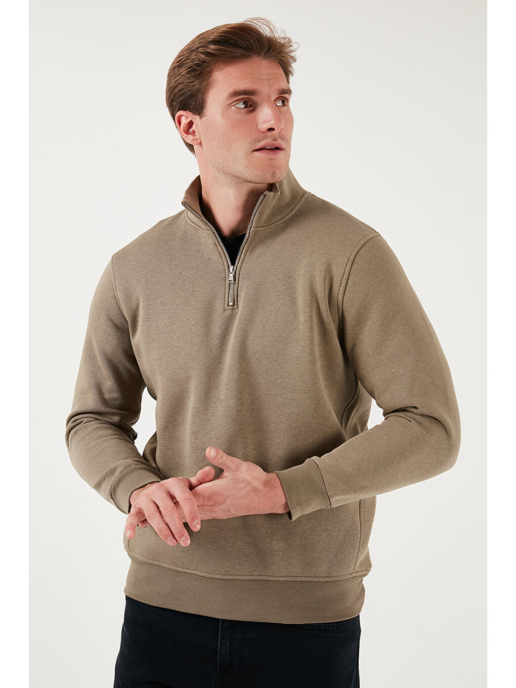 Bej Pamuklu Regular Fit Yarım Fermuarlı Dik Yaka Erkek Sweat 59052592-2