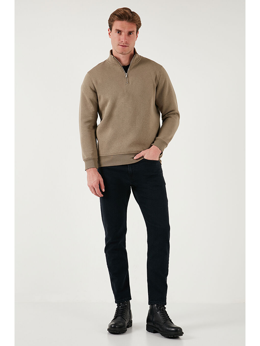 Bej Pamuklu Regular Fit Yarım Fermuarlı Dik Yaka Erkek Sweat 59052592-3