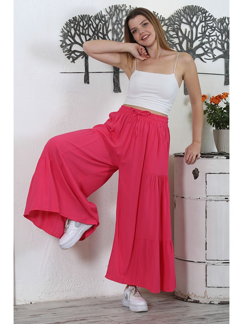 İtalyan Fuşya Büzgülü Dokuma İspanyol Paça Casual Pantolon