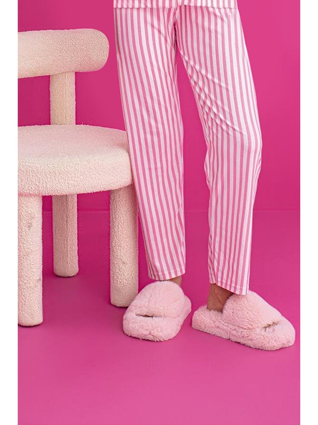 Beyaz Kadın Süet Pijama Tek Alt | Çizgili Pembe