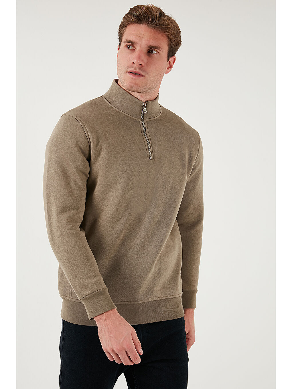 Bej Pamuklu Regular Fit Yarım Fermuarlı Dik Yaka Erkek Sweat 59052592-4