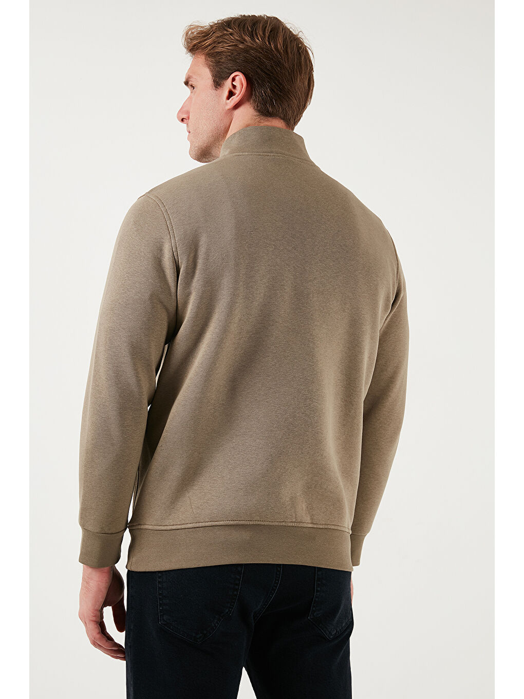 Bej Pamuklu Regular Fit Yarım Fermuarlı Dik Yaka Erkek Sweat 59052592-6