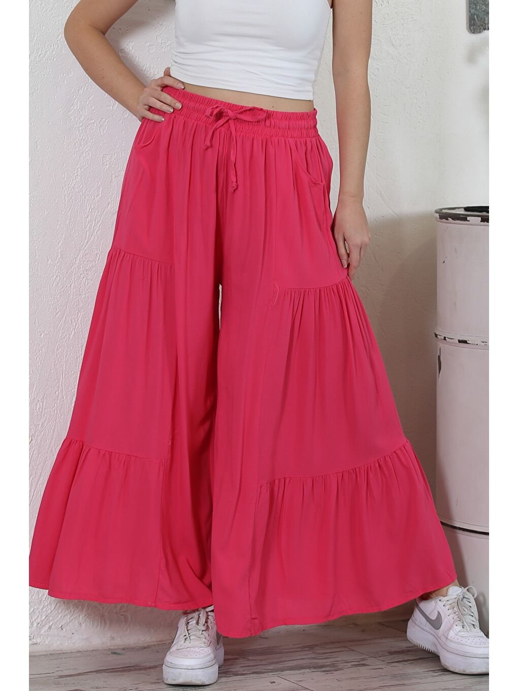 İtalyan Fuşya Büzgülü Dokuma İspanyol Paça Casual Pantolon-1