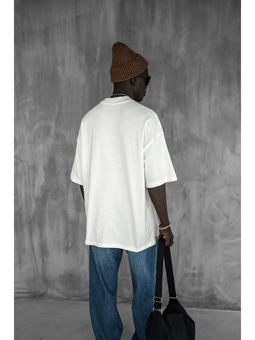 Erkek Oversize Fitilli Bisiklet Yaka Tişört Beyaz-2