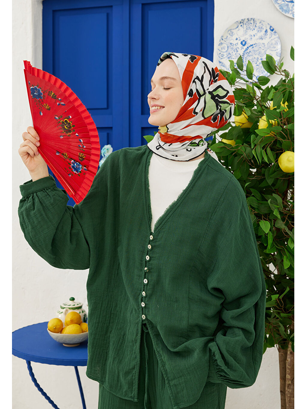 Lemonade Desen Pamuk Vual Eşarp Kırmızı-2