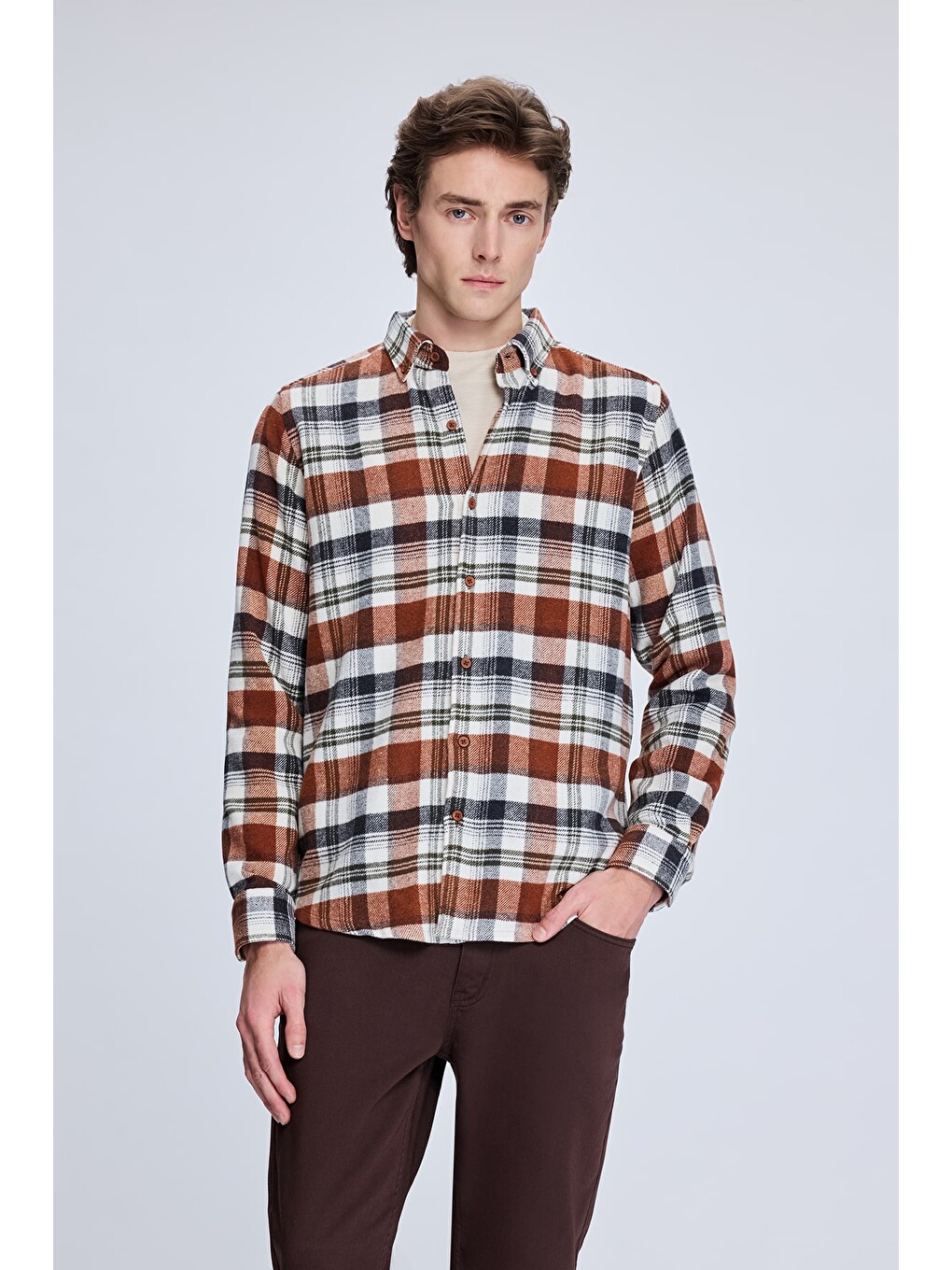 Kahverengi Kiremit Slim Fit Kareli Düğmeli Yaka Uzun Kollu Pamuklu Gömlek