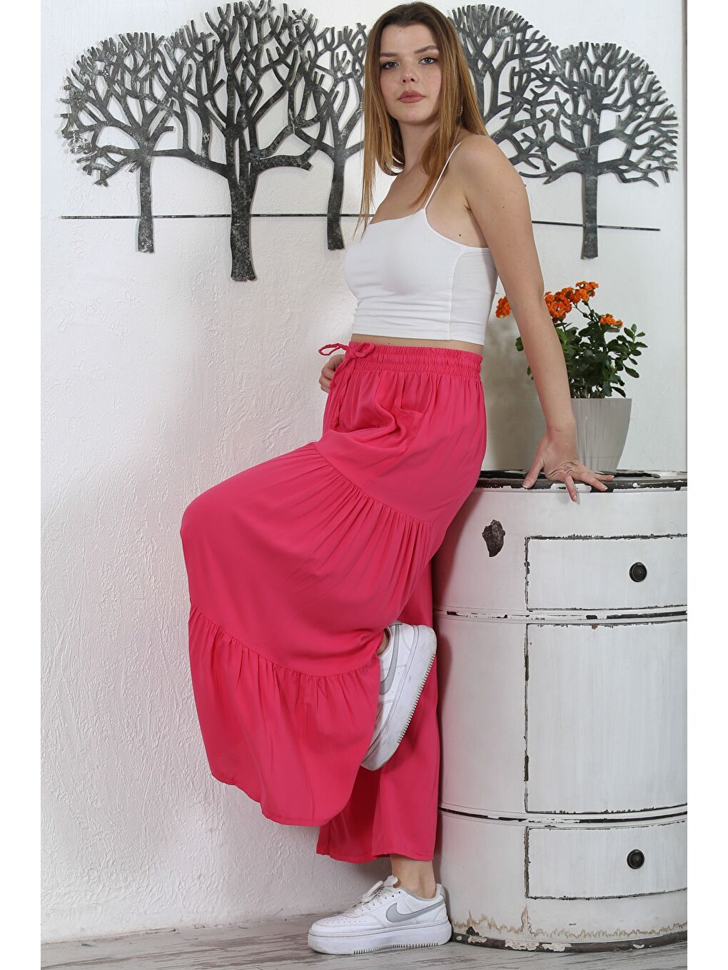 İtalyan Fuşya Büzgülü Dokuma İspanyol Paça Casual Pantolon-3