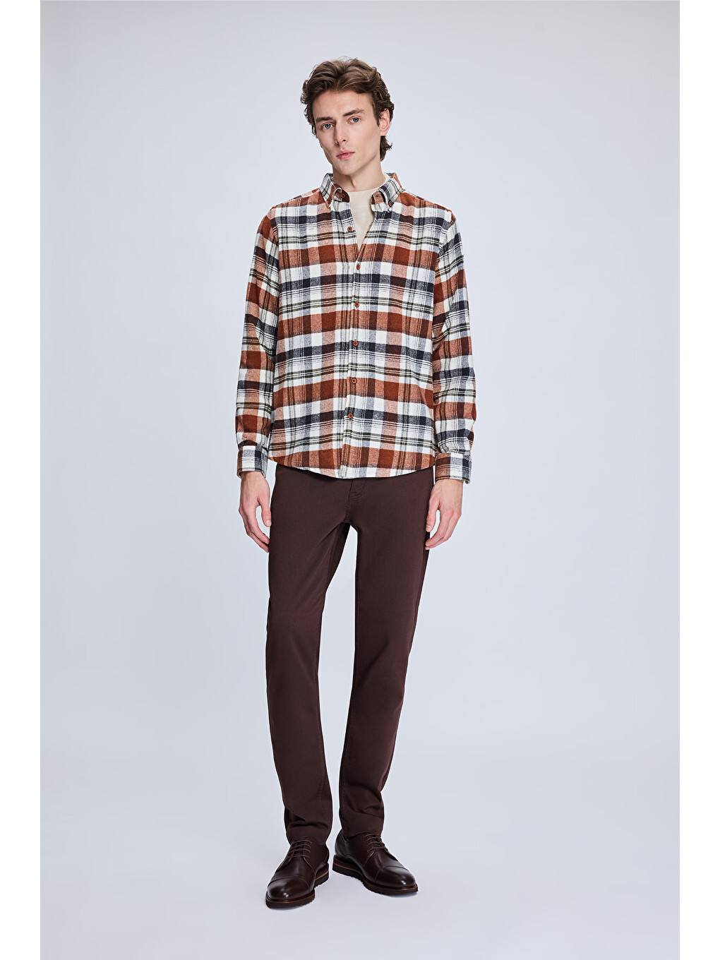 Kahverengi Kiremit Slim Fit Kareli Düğmeli Yaka Uzun Kollu Pamuklu Gömlek-1