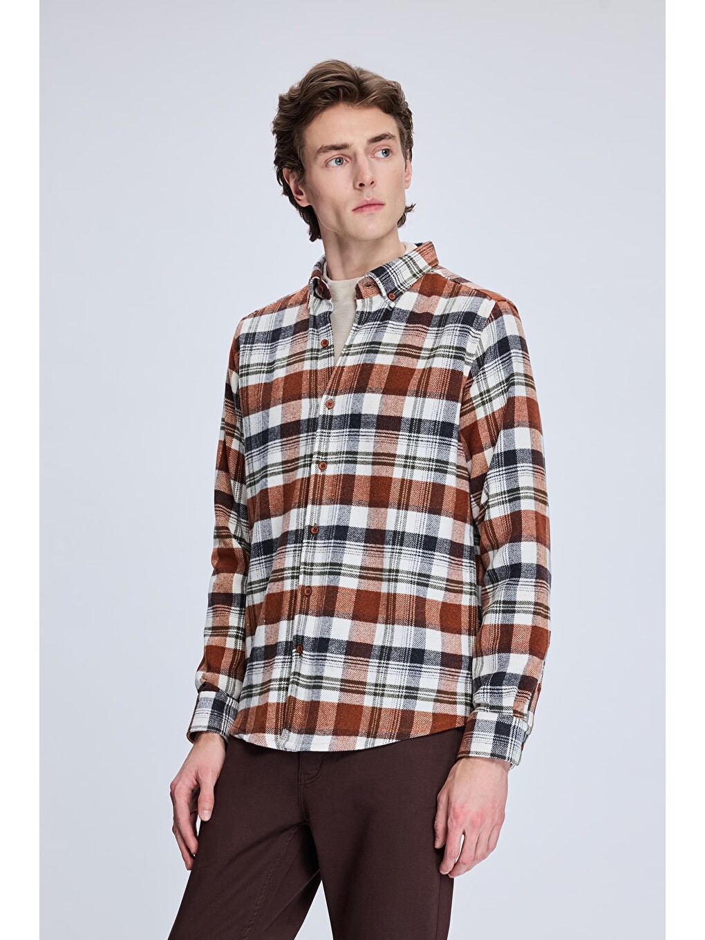 Kahverengi Kiremit Slim Fit Kareli Düğmeli Yaka Uzun Kollu Pamuklu Gömlek-2