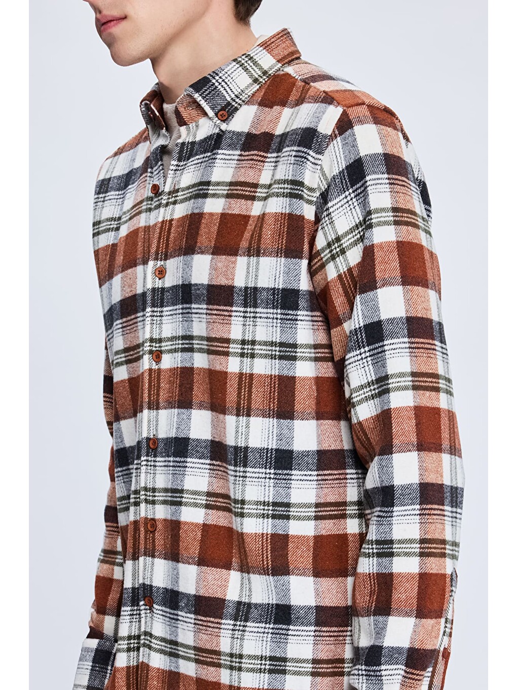 Kahverengi Kiremit Slim Fit Kareli Düğmeli Yaka Uzun Kollu Pamuklu Gömlek-3