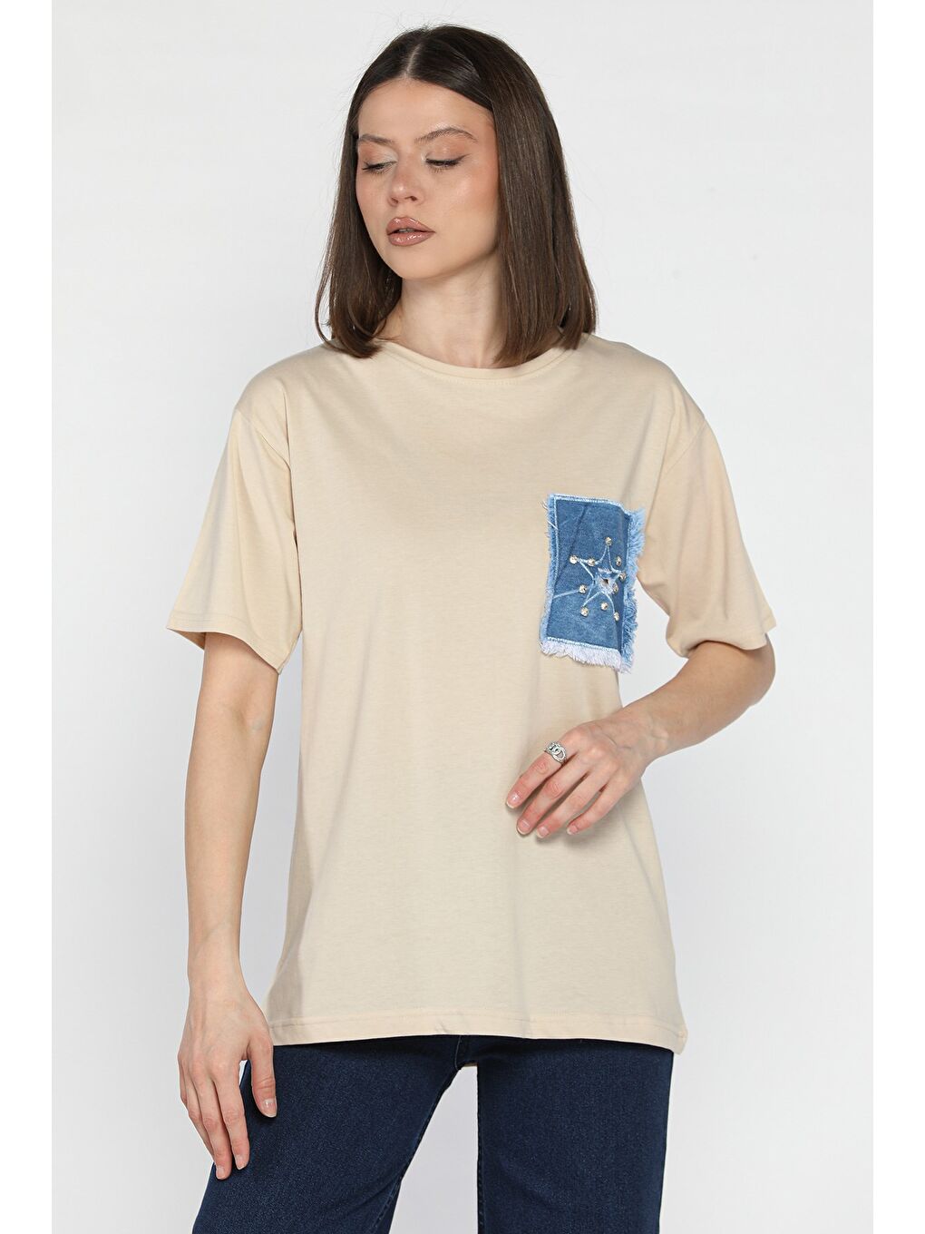 Bej Jean Garnili Taşlı Kadın Tişört