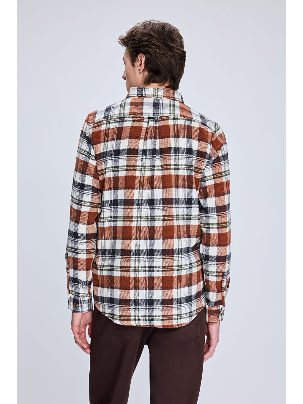 Kahverengi Kiremit Slim Fit Kareli Düğmeli Yaka Uzun Kollu Pamuklu Gömlek-4