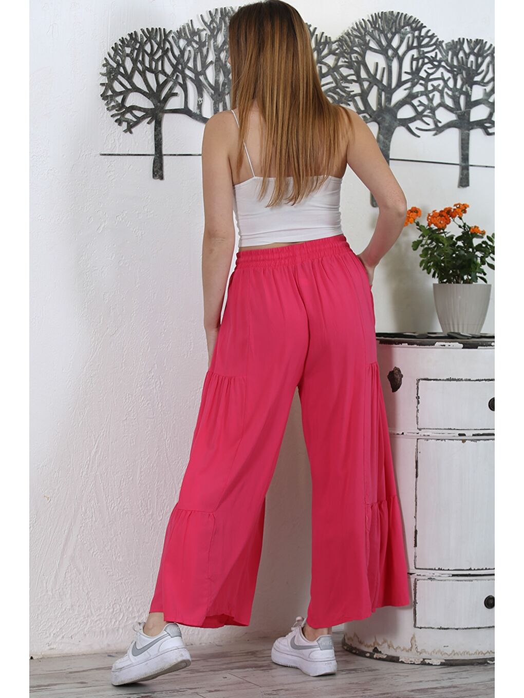 İtalyan Fuşya Büzgülü Dokuma İspanyol Paça Casual Pantolon-5