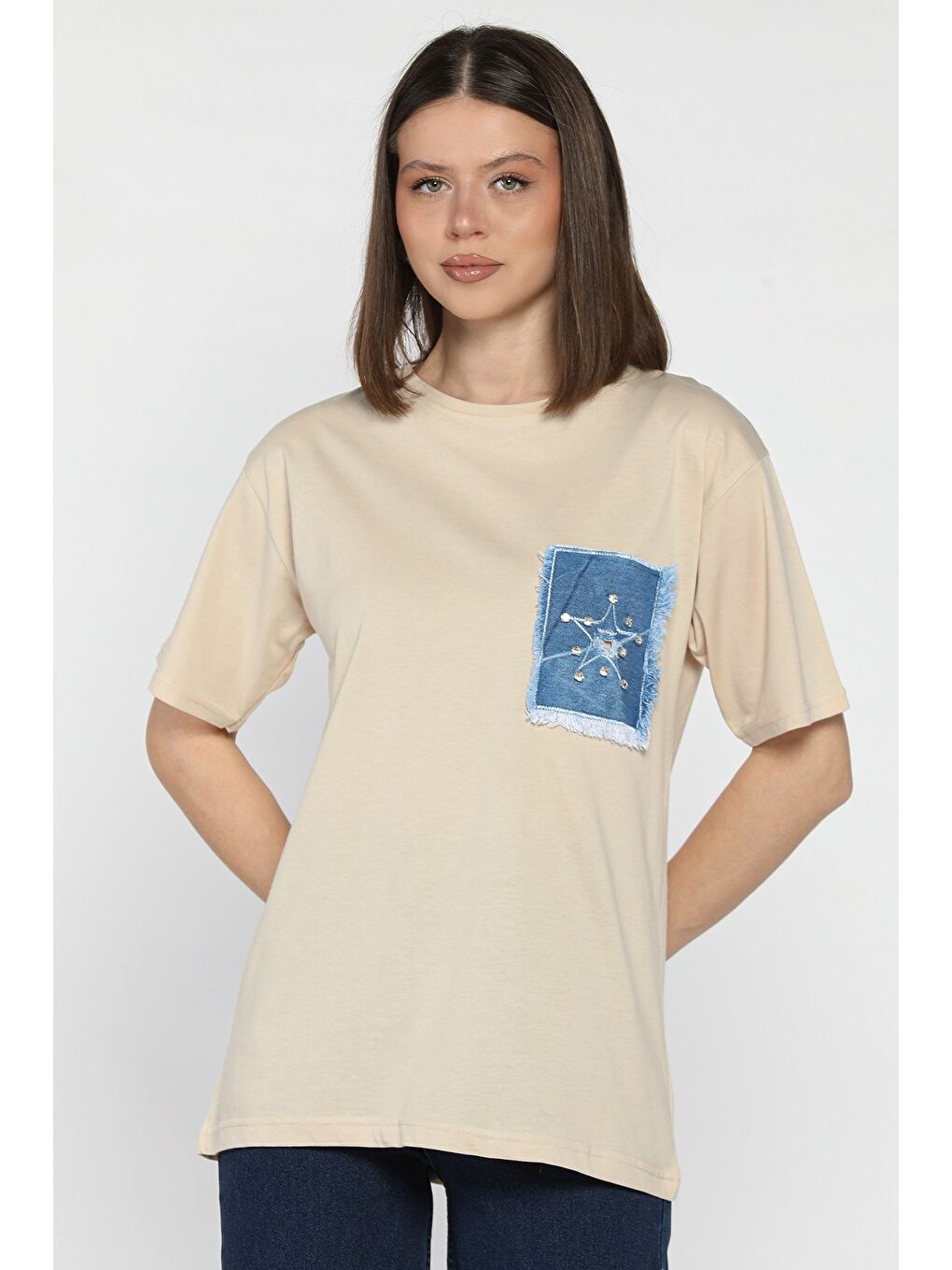 Bej Jean Garnili Taşlı Kadın Tişört-1