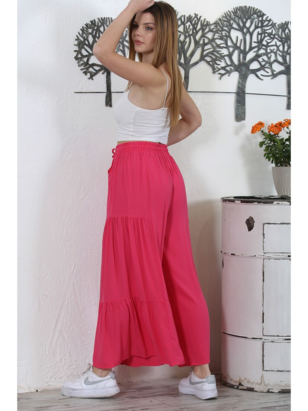 İtalyan Fuşya Büzgülü Dokuma İspanyol Paça Casual Pantolon-6