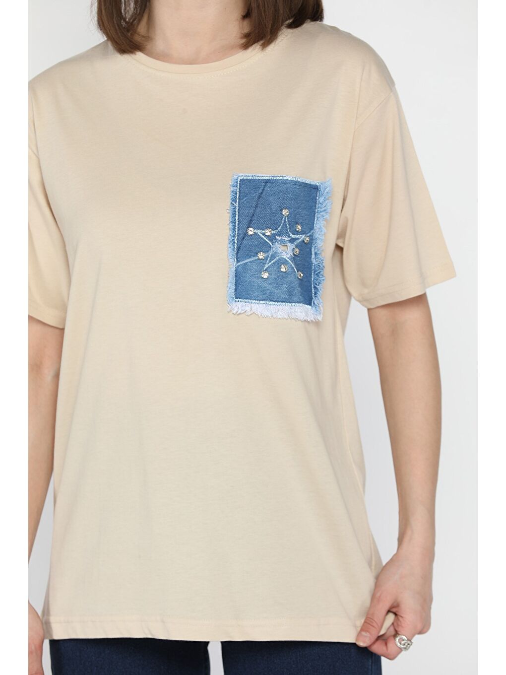 Bej Jean Garnili Taşlı Kadın Tişört-3