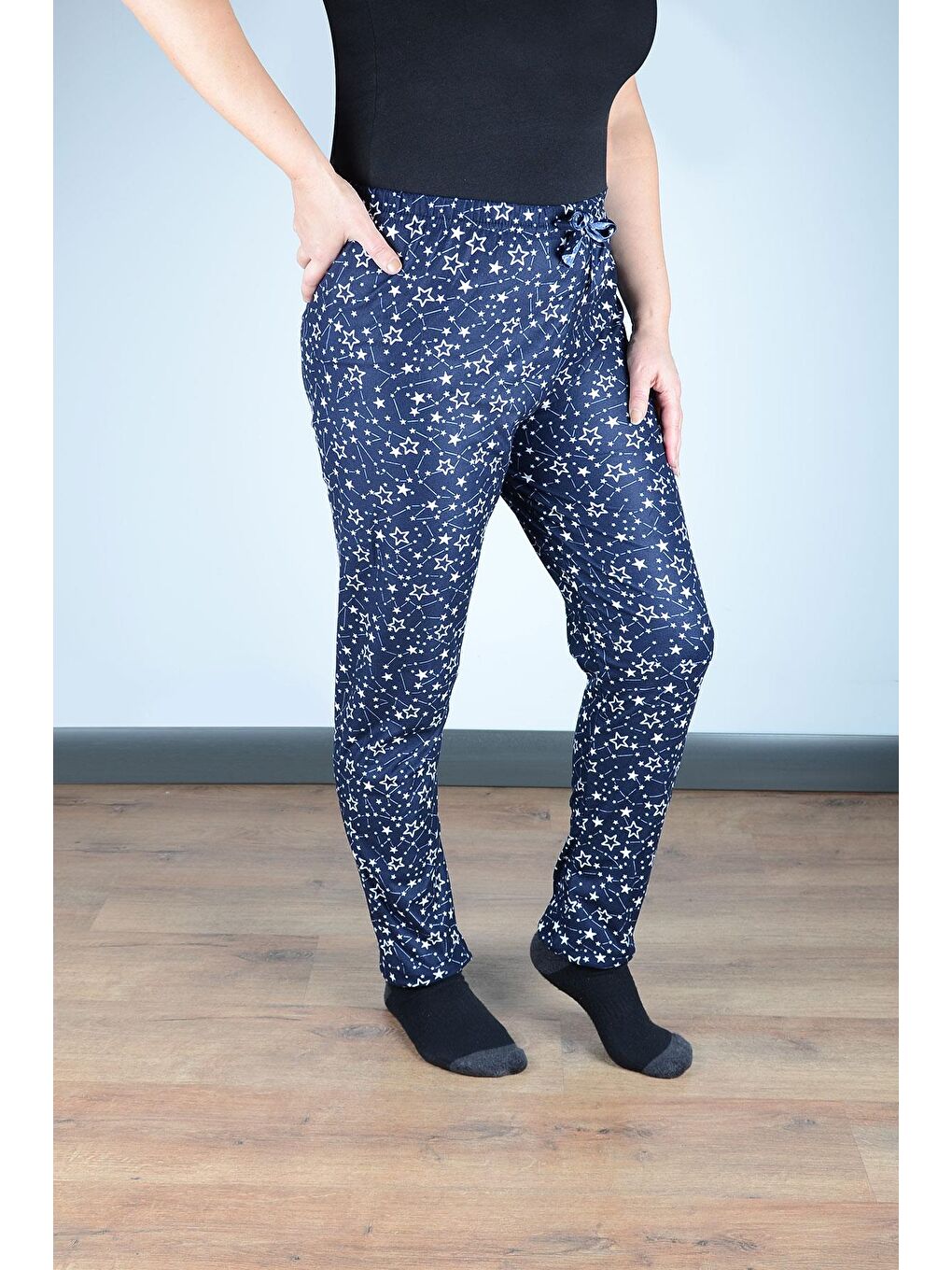 Kadın Süet Pijama Tek Alt | Lacivert Yıldızlı-1