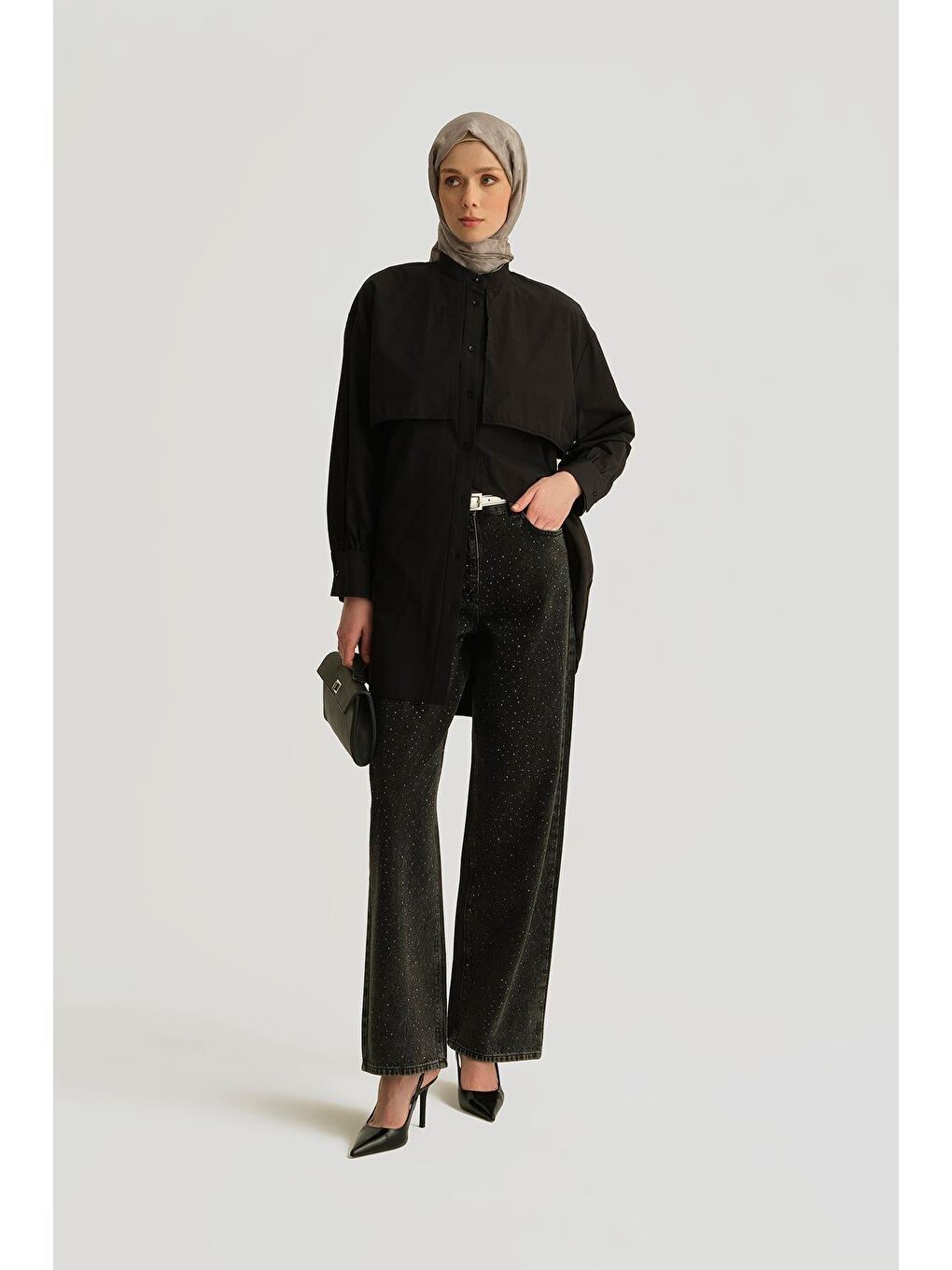 Gri Taş İşlemeli Wide Leg Denim Pantolon 25Yd9132 Antrasit-1