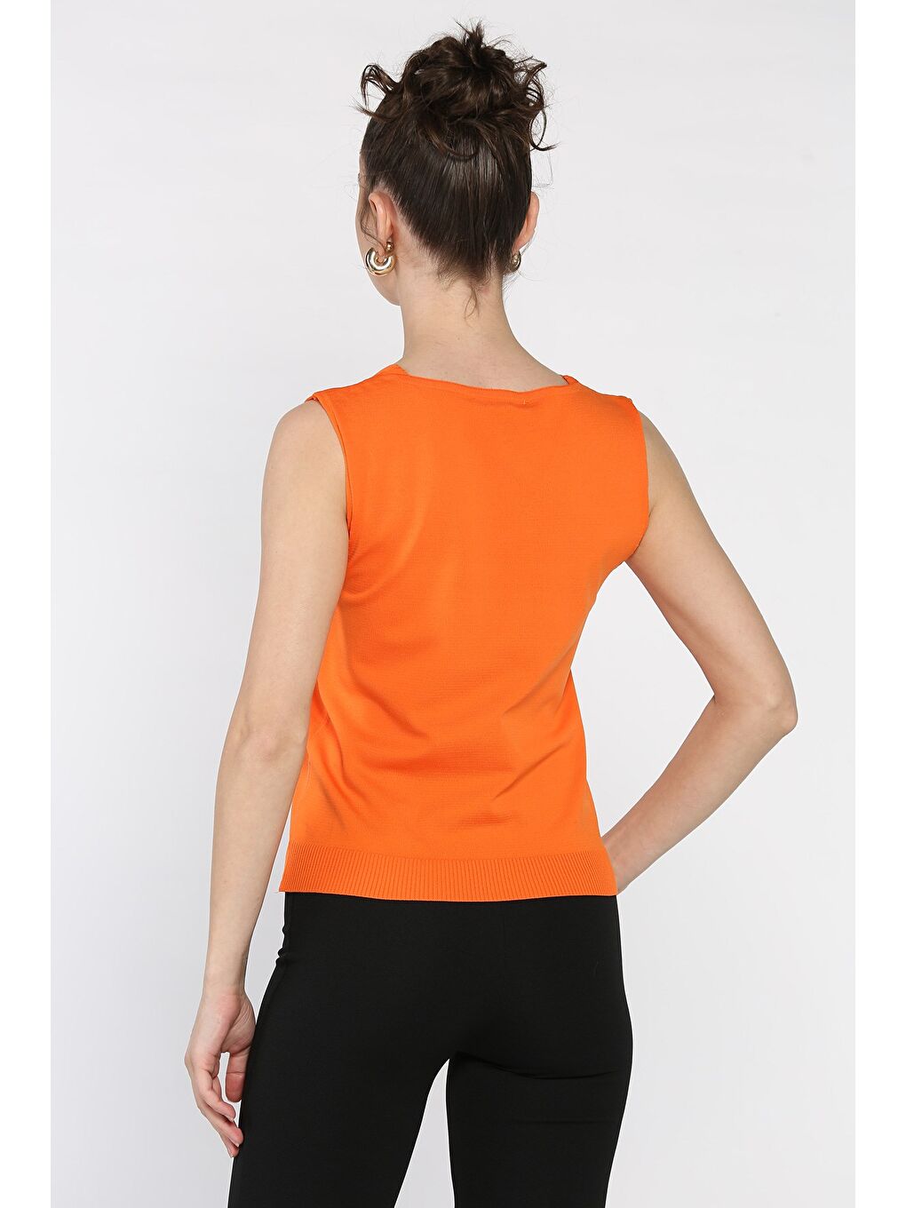 Turuncu Kadın V Yaka Sıfır Kol Triko Bluz-2