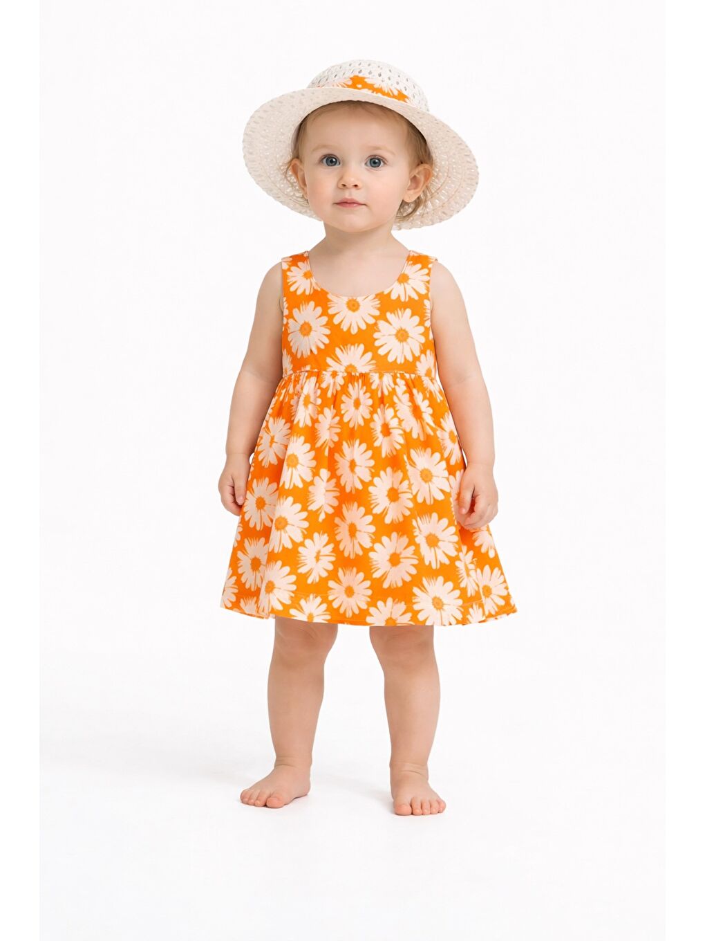 Sarı Tatlı Kız Bebek Papatya Desenli Tarz Elbise Şapkalı Yazlık Kombin