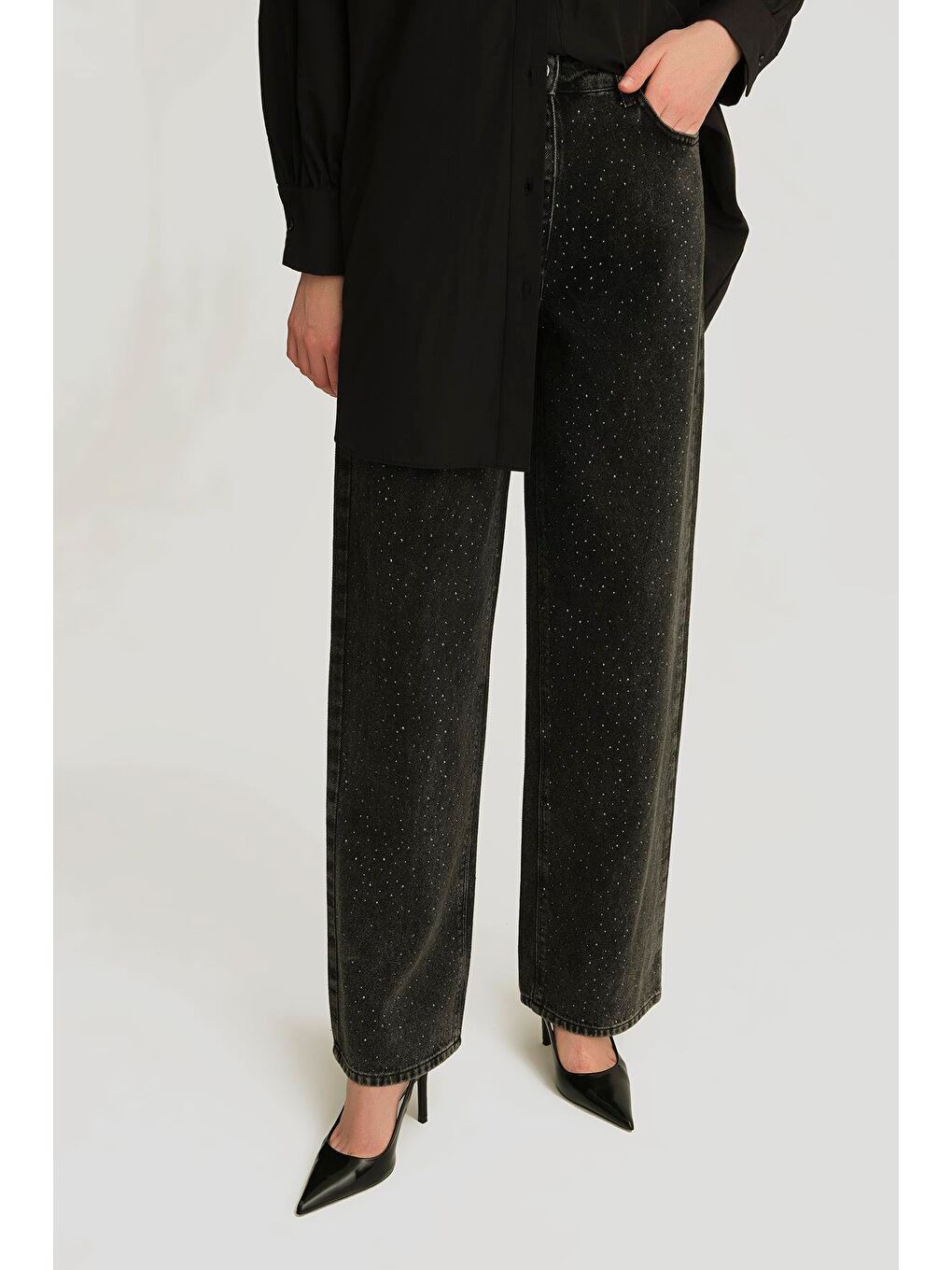 Gri Taş İşlemeli Wide Leg Denim Pantolon 25Yd9132 Antrasit-2