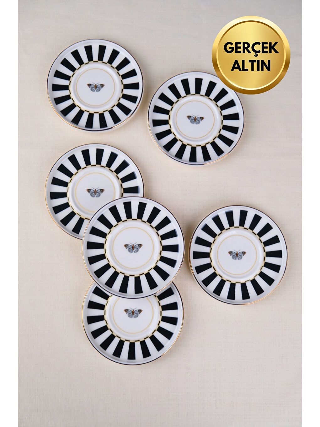 Karışık Porselen Butterfly Collection Altın Yaldızlı Çay Tabağı 11,8cm Siyah 6 lı