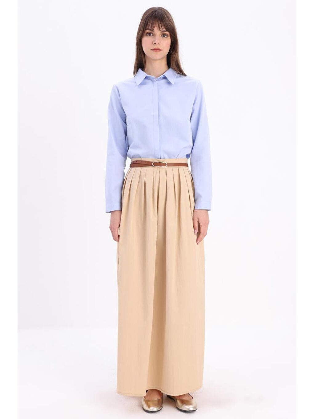 Bej-Beli Pileli Kloş Etek-1