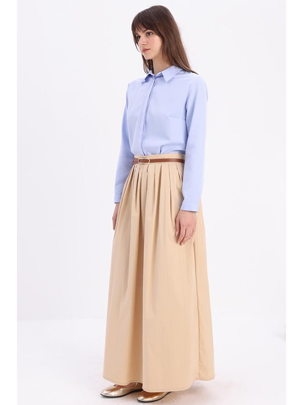 Bej-Beli Pileli Kloş Etek-2