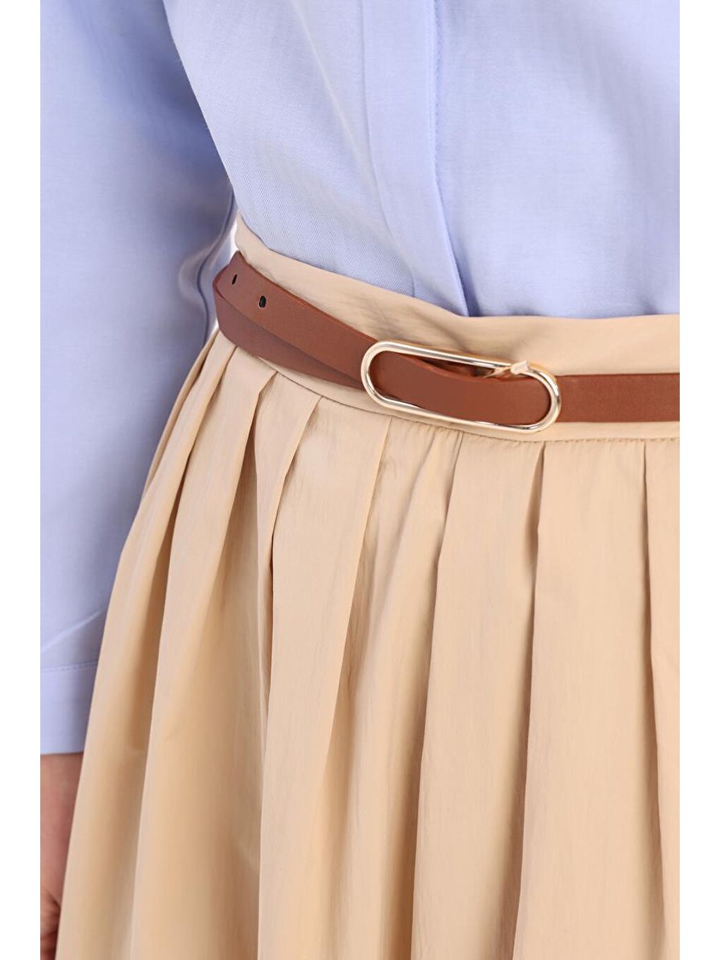 Bej-Beli Pileli Kloş Etek-4