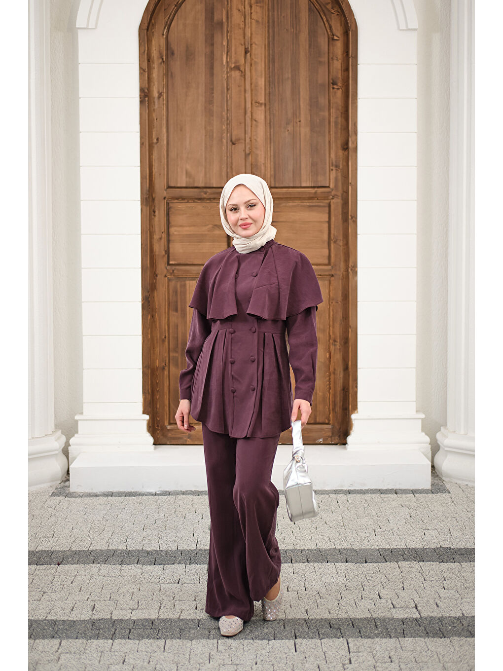 Kadın Düğme Detay Pelerinli Pantolonlu Takım Mürdüm