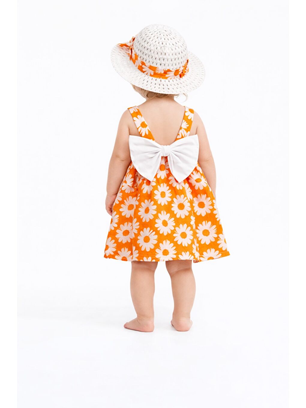 Sarı Tatlı Kız Bebek Papatya Desenli Tarz Elbise Şapkalı Yazlık Kombin-1