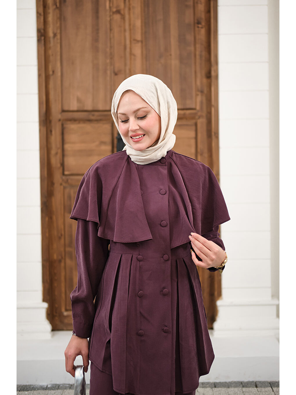 Kadın Düğme Detay Pelerinli Pantolonlu Takım Mürdüm-1