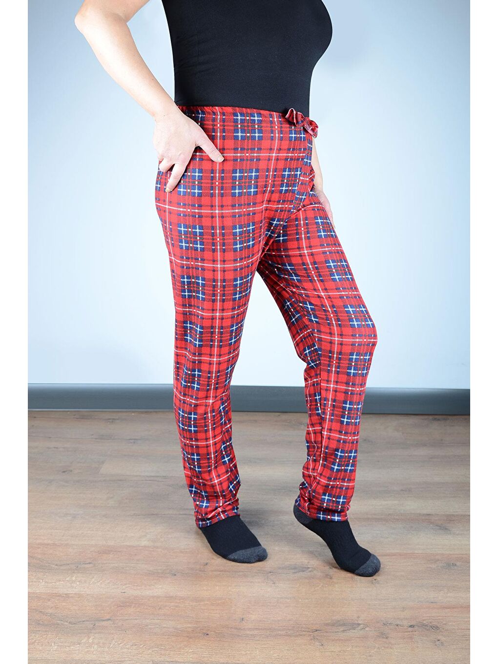 Kadın Süet Pijama Tek Alt | Kırmızı Lacivert-1