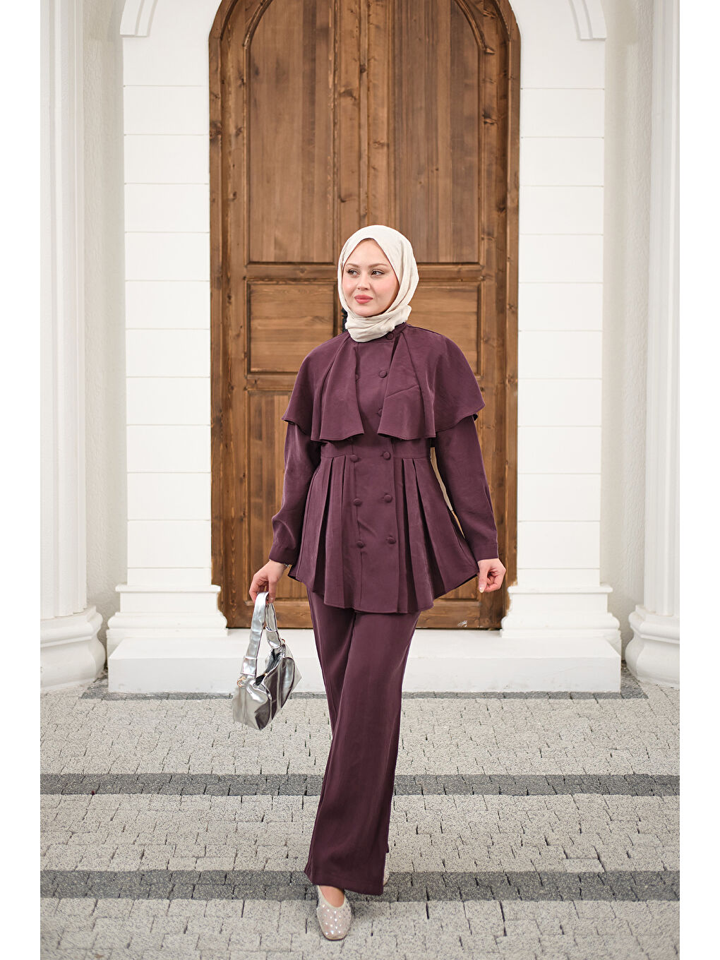 Kadın Düğme Detay Pelerinli Pantolonlu Takım Mürdüm-2