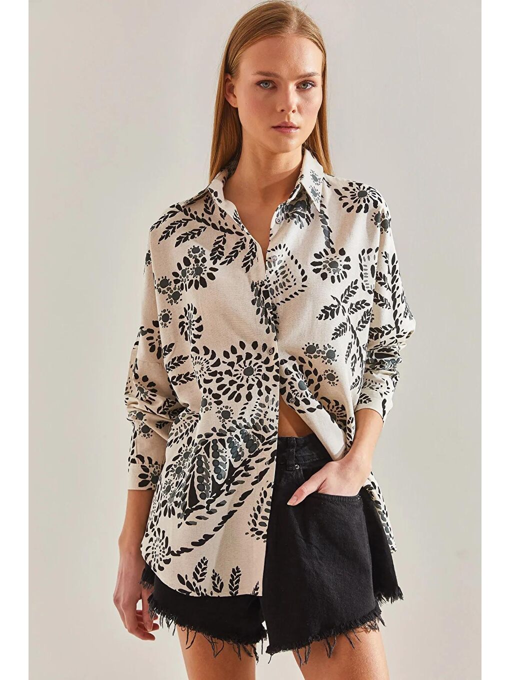 Bej Kadın Büyük Yaprak Desenli Salaş Keten Gömlek 60101021-1