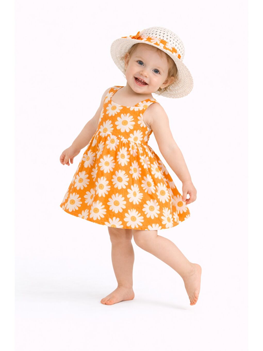 Sarı Tatlı Kız Bebek Papatya Desenli Tarz Elbise Şapkalı Yazlık Kombin-2