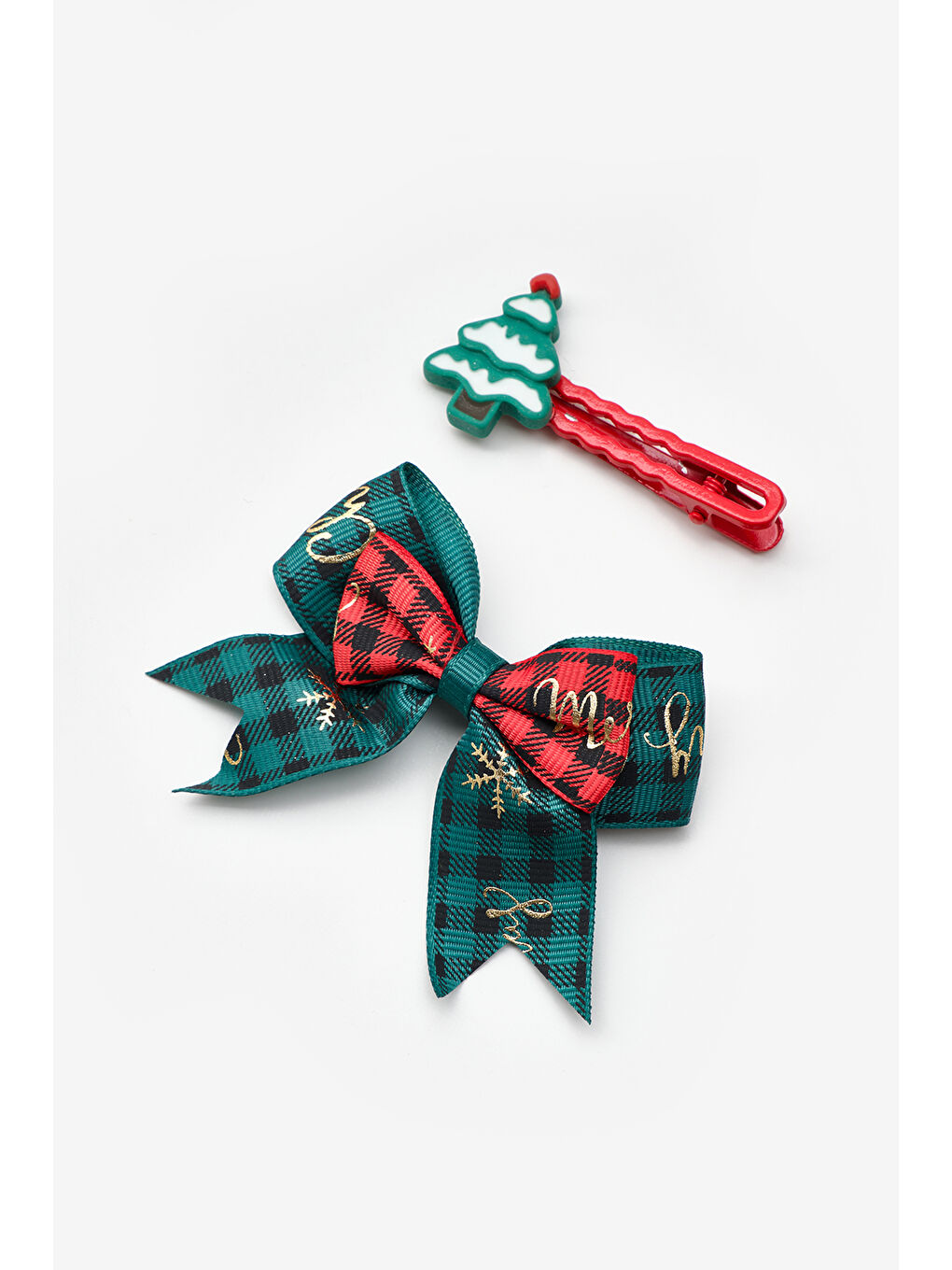 Yeşil Çam Ağacı ve Ekoseli Kurdele Fiyonk 2'li Klips Toka Set-1