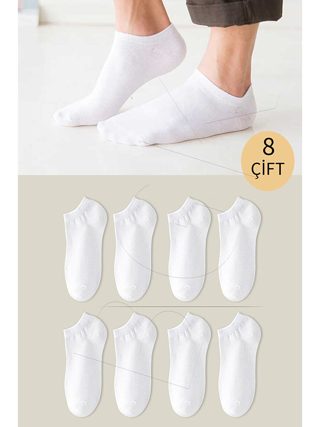 Beyaz Unisex Basic Patik Çorap 8 Çift