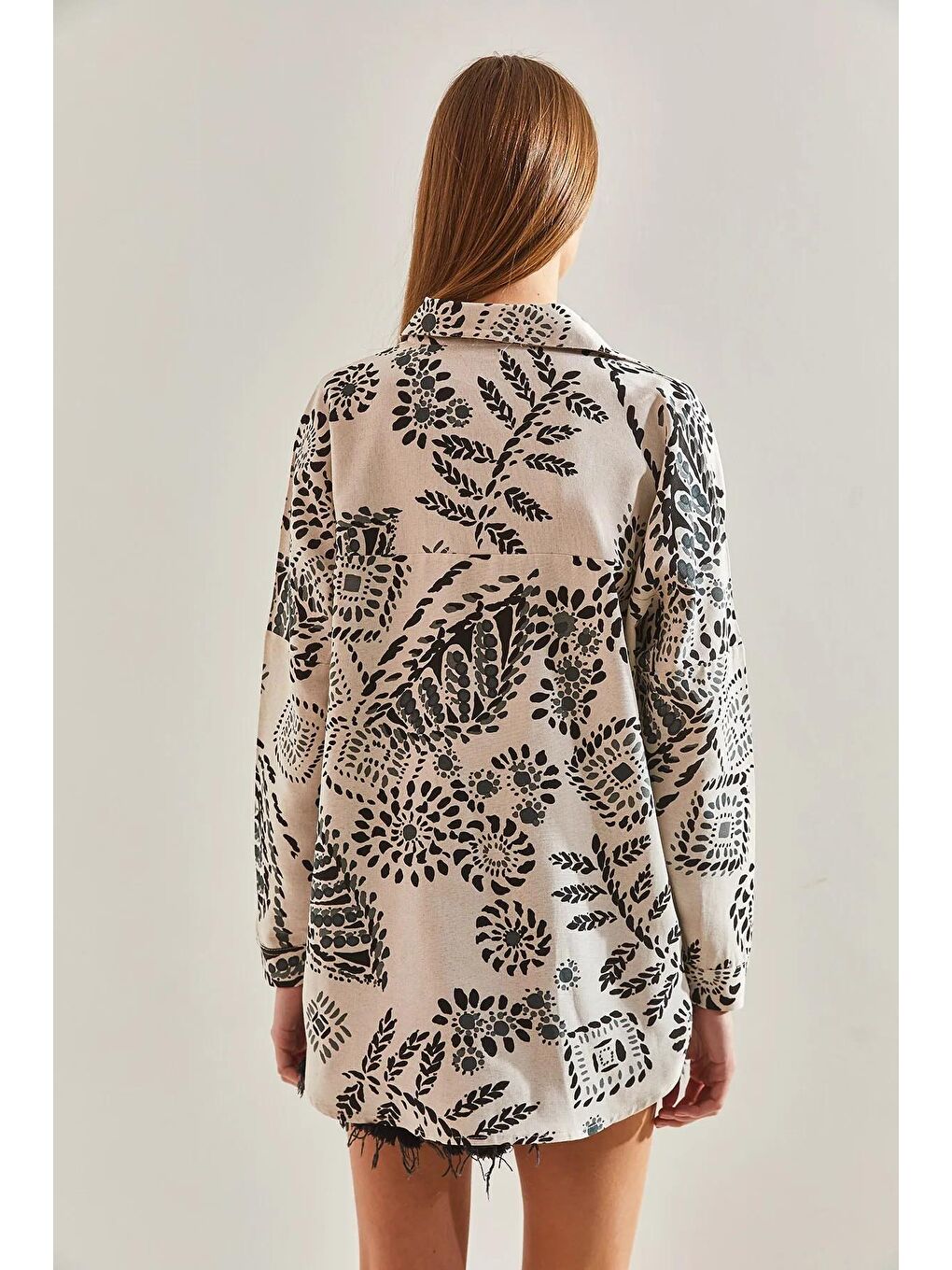 Bej Kadın Büyük Yaprak Desenli Salaş Keten Gömlek 60101021-2